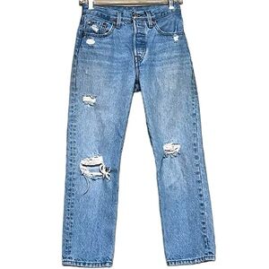 LEVI’S 501 Women’s Straight Leg High Rise Destructed Jeans Size 24 Blue Grunge